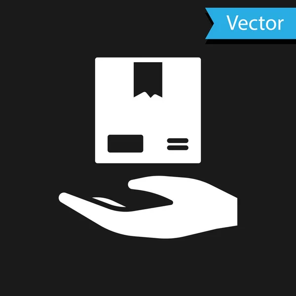 Hvid Levering hånd med papkasser ikon isoleret på sort baggrund. Dør til dør levering med kurer. Illustration af vektor – Stock-vektor