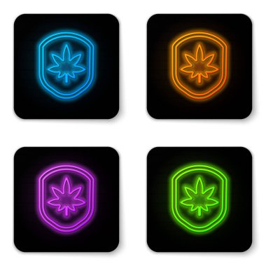 Parlayan neon kalkanı ve marihuana ya da beyaz arka planda izole edilmiş kenevir yaprağı ikonu. Marihuanayı yasallaştırma. Kenevir sembolü. Siyah kare düğme. Vektör İllüstrasyonu