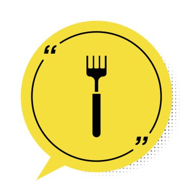 Siyah Çatal simgesi beyaz arkaplanda izole edildi. Çatal bıçak sembolü. Sarı konuşma balonu sembolü. Vektör İllüstrasyonu
