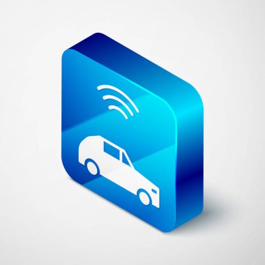 Gri arkaplanda kablosuz bağlantı simgesine sahip Isometric Smart araba sistemi. Mavi kare düğme. Vektör