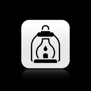 Siyah Kamp Feneri simgesi siyah arkaplanda izole edildi. Gümüş kare düğme. Vektör