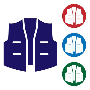 Mavi balıkçı ceketi simgesi beyaz arkaplanda izole edilmiş. Balıkçı yeleği. Renkli kare düğmelerle simgeleri ayarla. Vektör