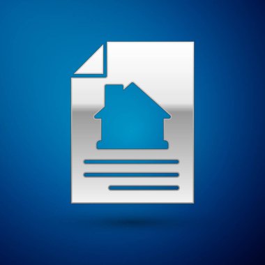 Silver House 'un sözleşme ikonu mavi arka planda izole edilmiş. Sözleşme oluşturma hizmeti, belge oluşumu, başvuru formu bileşimi. Vektör