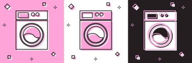 Çamaşır makinesi simgesini pembe beyaz siyah arkaplanda izole et. Çamaşır makinesi simgesi. Çamaşır makinesi, çamaşır makinesi. Ev aletleri sembolü. Vektör