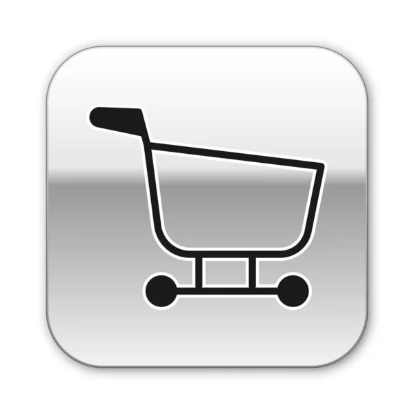 Schwarzes Warenkorb-Symbol auf weißem Hintergrund. Lebensmittelgeschäft, Supermarkt. Silberner quadratischer Knopf. Vektorillustration — Stockvektor
