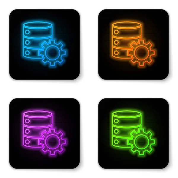 Parlayan neon sunucu ve dişli simgesi beyaz arkaplanda izole edildi. Uygulama, servis konsepti, ayar seçenekleri, bakım, onarım, onarım. Siyah kare düğme. Vektör İllüstrasyonu