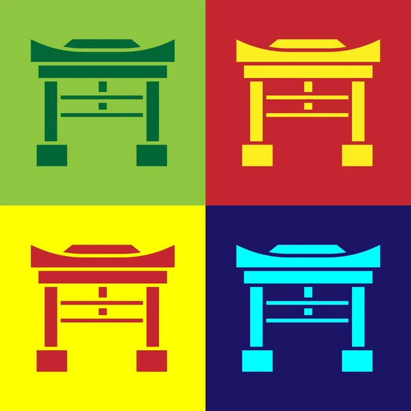 Pop art Icono de Japan Gate aislado sobre fondo de color. Señal de la puerta Torii. Símbolo japonés tradicional de puerta clásica. Ilustración vectorial — Vector de stock