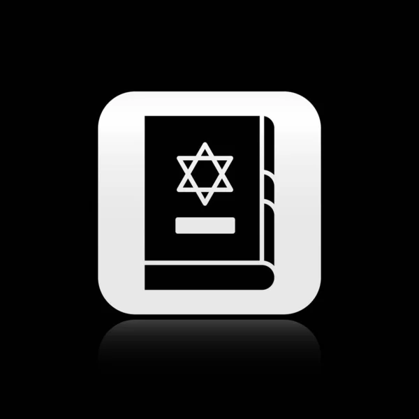 Черная икона еврейской Торы выделена на черном фоне. На обложке Библии изображена Звезда Давида. Серебряная кнопка. Векторная миграция — стоковый вектор