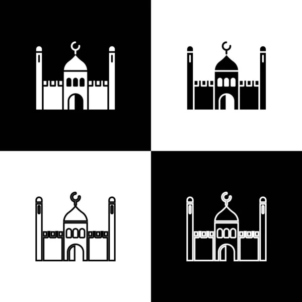 Conjunto de icono de la mezquita musulmana aislado sobre fondo blanco y negro. Ilustración vectorial — Vector de stock