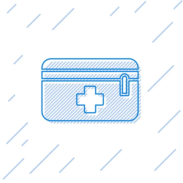 Garis biru Ikon kit pertolongan pertama diisolasi pada latar belakang putih. Kotak medis dengan salib. Peralatan medis untuk keadaan darurat. Konsep perawatan kesehatan. Ilustrasi Vektor - Stok Vektor