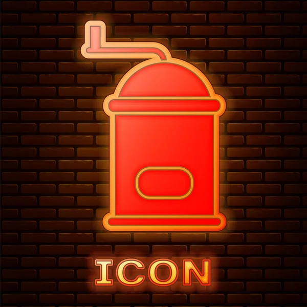 Glowing neon Manual coffee grinder icon isolated on brick wall background. Vector Illustration — Stock Vector