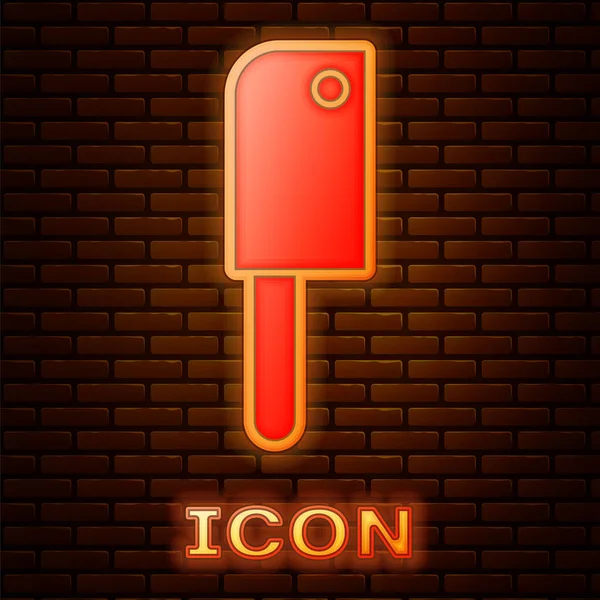 Icono de picador de carne de neón brillante aislado en el fondo de la pared de ladrillo. Cuchillo de cocina para carne. Cuchillo de carnicero. Ilustración vectorial — Vector de stock