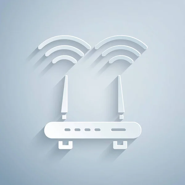 Papiergeschnittener Router und WLAN-Signalsymbol isoliert auf grauem Hintergrund. Wireless ethernet modem router. Computertechnologie Internet. Papierkunst. Vektor — Stockvektor