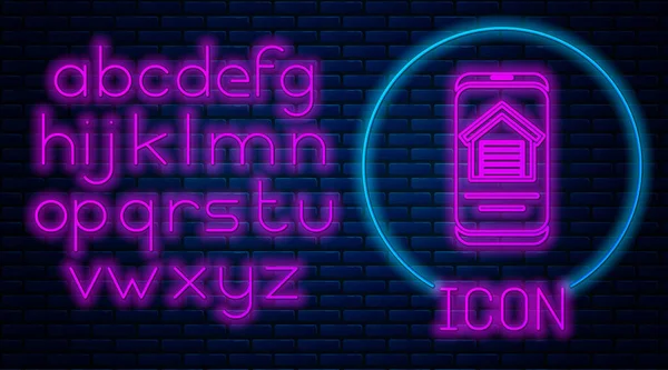 Glowing neon Online real estate house on smartphone icon isolated on brick wall background. Konsep pinjaman rumah, sewa, beli, membeli properti. Alfabet cahaya neon. Vektor - Stok Vektor