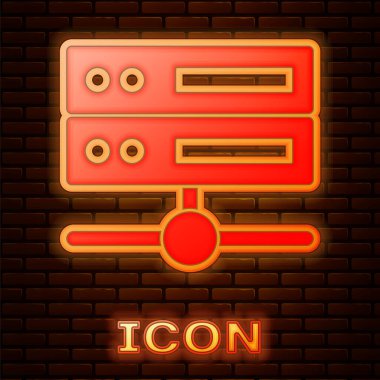 Parlayan neon sunucusu, Data, Web sunucu simgesi tuğla duvar arka planında izole edildi. Vektör