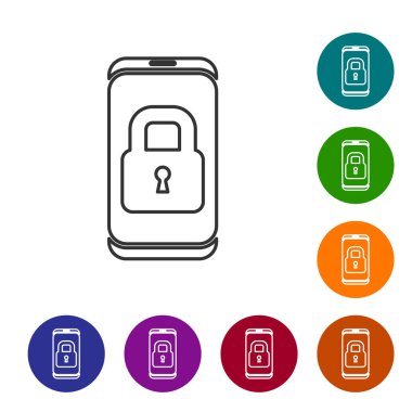 Beyaz arkaplanda izole edilmiş asma kilit simgesine sahip siyah çizgi akıllı telefon. Kilitli telefon. Gezici güvenlik, güvenlik, koruma konsepti. Simgeleri renk daire düğmelerine ayarla. Vektör