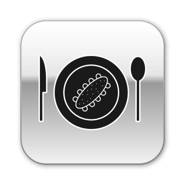 Beyaz arka planda izole edilmiş bir tabak ikonunda siyah salatalık. Deniz yemeği. Gümüş kare düğme. Vektör.