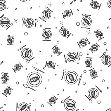 Siyah çizgi, beyaz arkaplanda izole edilmiş bir tabak ikonu üzerinde salatalık servisi yapıyordu. Deniz yemeği. Vektör.