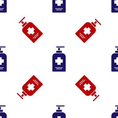 Mavi ve kırmızı şişe antibakteriyel sabun, beyaz arkaplanda izole edilmiş ikon. Antiseptik. Dezenfeksiyon, hijyen, cilt bakımı. Vektör.