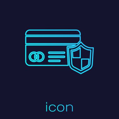 Mavi arkaplanda kalkan simgesi olan turkuaz hat kredi kartı. Çevrimiçi ödeme. Nakit çekilmesi. Finansal operasyonlar. Alışveriş tabelası. Vektör.