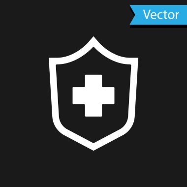 Beyaz Sağlık sigortası ikonu siyah arka planda izole edildi. Hasta koruması. Güvenlik, güvenlik, koruma, konsept koruma. Vektör.