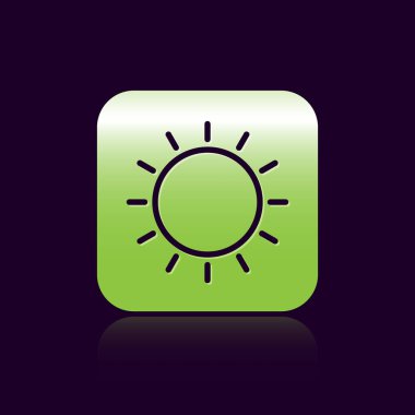 Siyah çizgi Sun simgesi siyah arkaplanda izole edildi. Yaz sembolü. Güneşli bir gün. Yeşil kare düğmesi. Vektör İllüstrasyonu