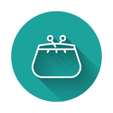 Beyaz çizgili Cüzdan simgesi uzun gölgeli. Çanta ikonu. Nakit tasarruf sembolü. Yeşil daire düğmesi. Vektör İllüstrasyonu