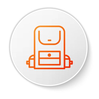 Turuncu çizgi Yürüyüş sırt çantası simgesi beyaz arkaplanda izole edildi. Kamp ve dağ gezisi sırt çantası. Beyaz daire düğmesi. Vektör