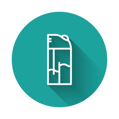 Beyaz çizgi aydınlatma simgesi uzun gölgeyle izole edildi. Yeşil daire düğmesi. Vektör