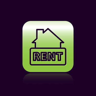 Siyah çizgi asılma işareti ve siyah arkaplanda izole edilmiş metin kira simgesi. Kiralık mesajlı pano. Yeşil kare düğmesi. Vektör