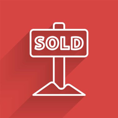 Uzun gölgeli izole edilmiş metin ikonu satılan beyaz çizgi asılı işareti. Çıkartma satıldı. Tabela satıldı. Vektör