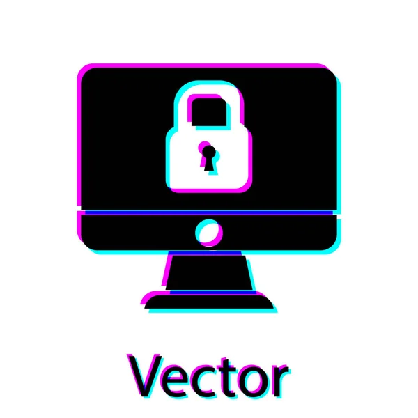 Black Lock on computer monitor screen icon isolated on white background. Security, safety, protection concept. Safe internetwork. Vector — Stock Vector