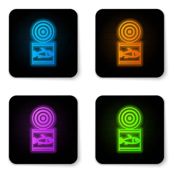 Glowing neon Canned fish icon isolated on white background. Black square button. Vector. — Stock Vector