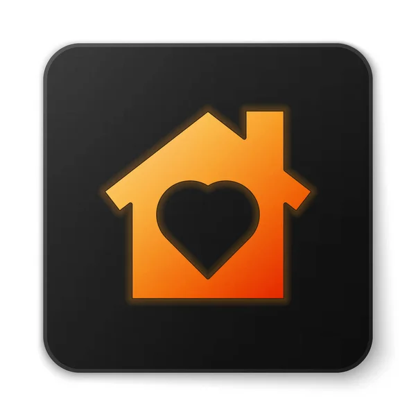 Maison au néon brillant orange avec coeur à l'intérieur icône isolée sur fond blanc. Symbole d'amour. Famille, immobilier et immobilier. Bouton carré noir. Vecteur. — Image vectorielle