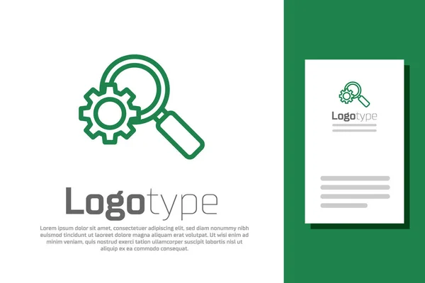 Linea verde Lente d'ingrandimento e icona ingranaggio isolato su sfondo bianco. Strumento di ricerca ingranaggi. Simbolo dell'analisi aziendale. Elemento modello di design logo. Illustrazione vettoriale — Vettoriale Stock