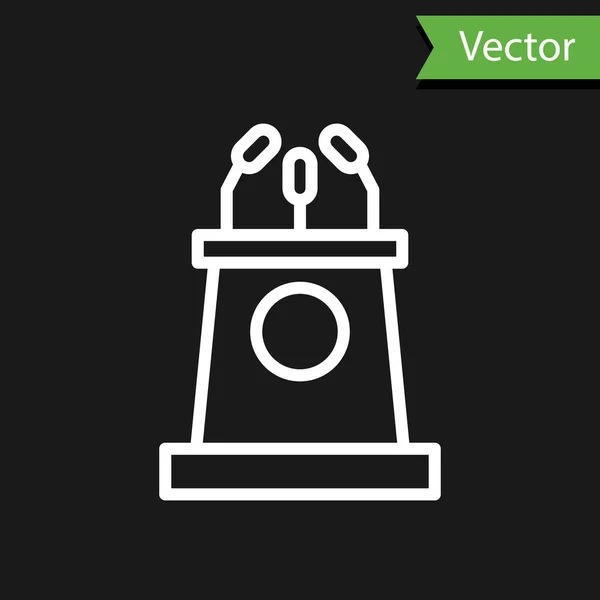 Línea blanca Soporte de escenario o debate podium rostrum icono aislado sobre fondo negro. Conferencia tribuna discurso. Ilustración vectorial — Vector de stock