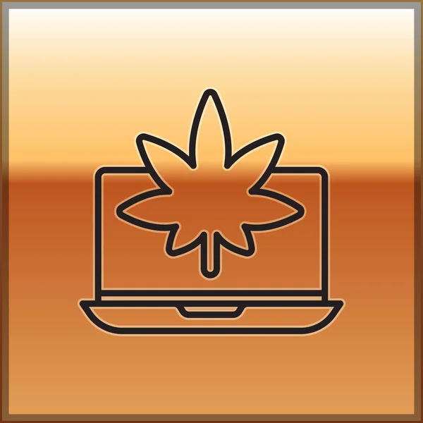 Černá čára Laptop a lékařské marihuany nebo konopných listů ikony izolované na zlatém pozadí. Online nákupní symbol. Koš v supermarketu. Vektorová ilustrace — Stockový vektor