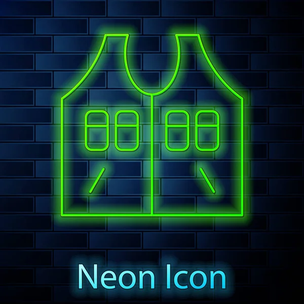 Gloeiende neon lijn Hunting jas pictogram geïsoleerd op baksteen muur achtergrond. Jachtvest. Vector — Stockvector