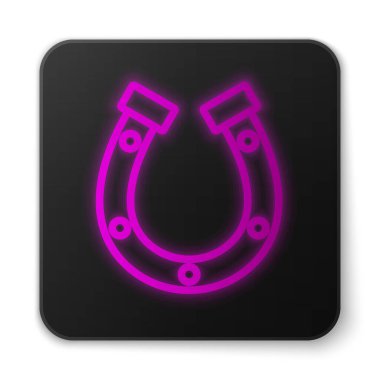 Parlayan neon çizgisi at nalı simgesi beyaz arkaplanda izole edildi. Siyah kare düğme. Vektör