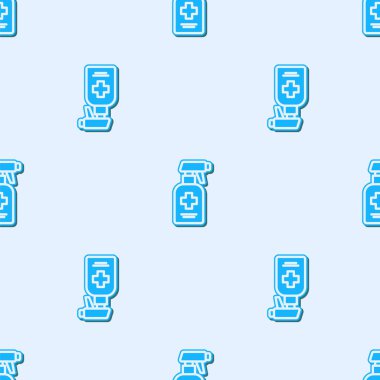 Mavi çizgi, gri arkaplanda izole edilmiş şeker ikonlu sıvı antibakteriyel sabun. Antiseptik. Dezenfeksiyon, hijyen, cilt bakımı. Vektör.