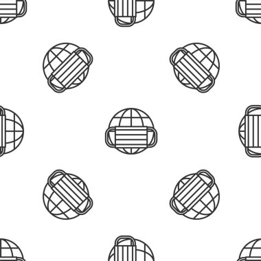 Tıbbi maske ikonuna sahip gri çizgi Dünya küresi beyaz arka planda kusursuz desen izole etti. Vektör.