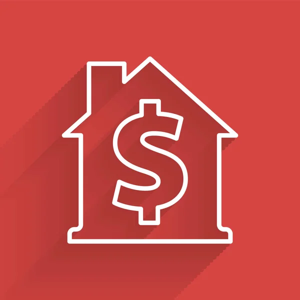 Ligne blanche Maison avec icône symbole dollar isolé avec une ombre longue. La maison et l'argent. Concept immobilier. Vecteur — Image vectorielle
