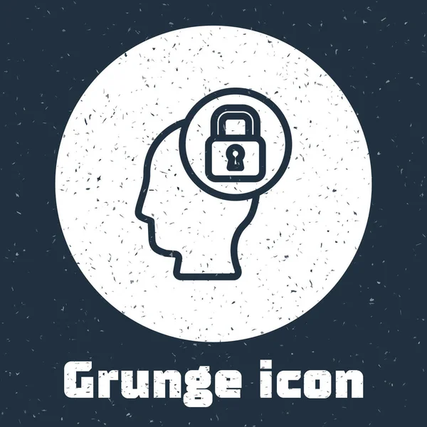 Grunge line Human head with lock icon isolated on grey background. Monochrome vintage drawing. Vector — Stock Vector