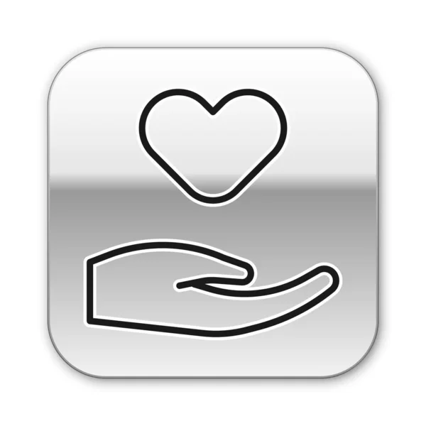 Black line Heart in hand icon isolated on white background. Hand giving love symbol. Valentines day symbol. Silver square button. Vector — Stock Vector