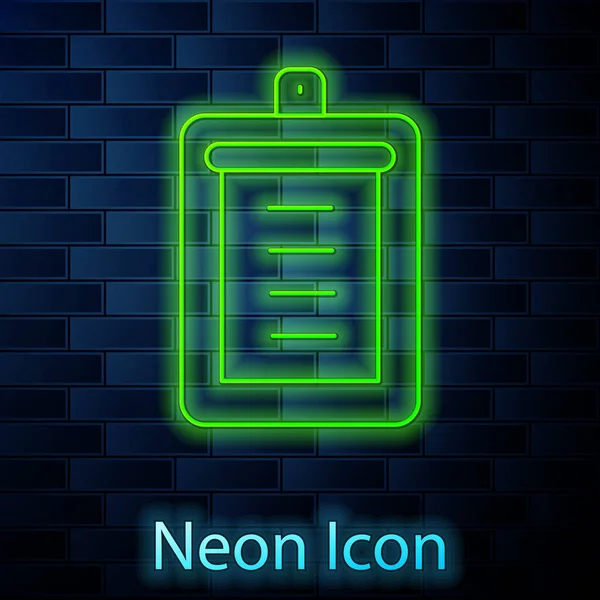 Glödande neon line Urklipp med checklista ikon isolerad på tegel vägg bakgrund. Kontrolllista symbol. Enkätundersökning eller enkätformulär för återkoppling. Vektor — Stock vektor