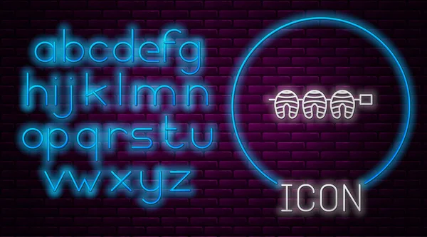 Gloeiende neon lijn Gegrilde vis steak pictogram geïsoleerd op baksteen muur achtergrond. Neon licht alfabet. Vector. — Stockvector