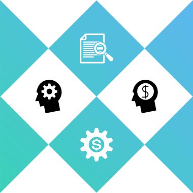 İnsan kafasını teçhizatla donat, dişli dolar sembolü, belge arama ve iş planlama ikonu. Vektör.