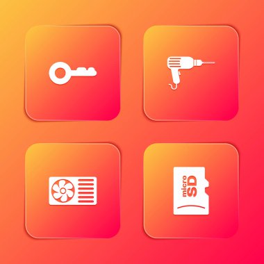 Anahtar, matkap, klima ve mikro SD hafıza kartı simgesini ayarla. Vektör.