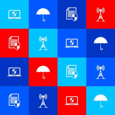 Dizüstü bilgisayarı kalkan, Şemsiye, Belge koruması ve Anten simgesi ile ayarla. Vektör.