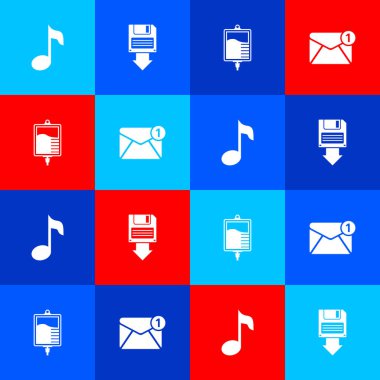 Müzik notasını, tonunu, disket yedeğini, serum torbasını ve yeni gelen e- posta simgesini ayarla. Vektör.